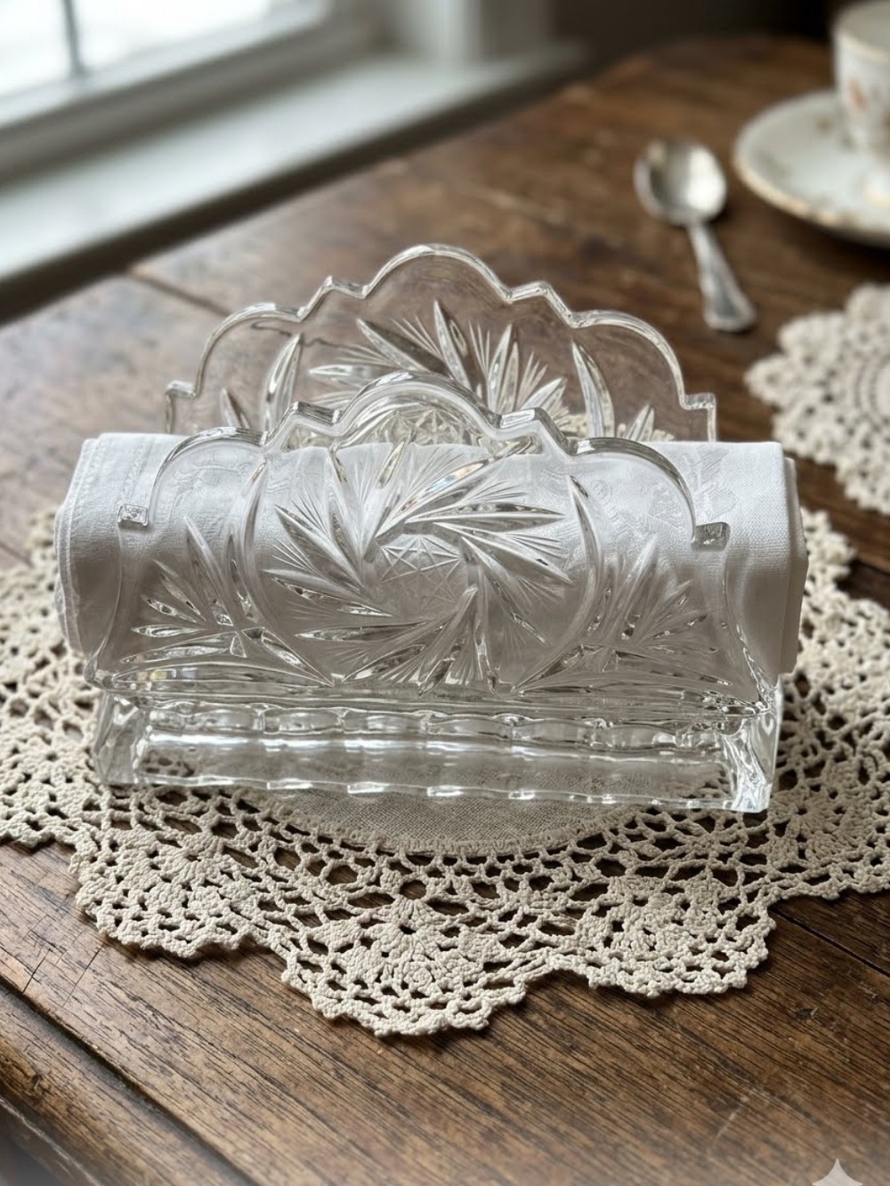 Vintage Zajecar crystal napkin holder 
 distinctive pinwheel cut design
Elegant